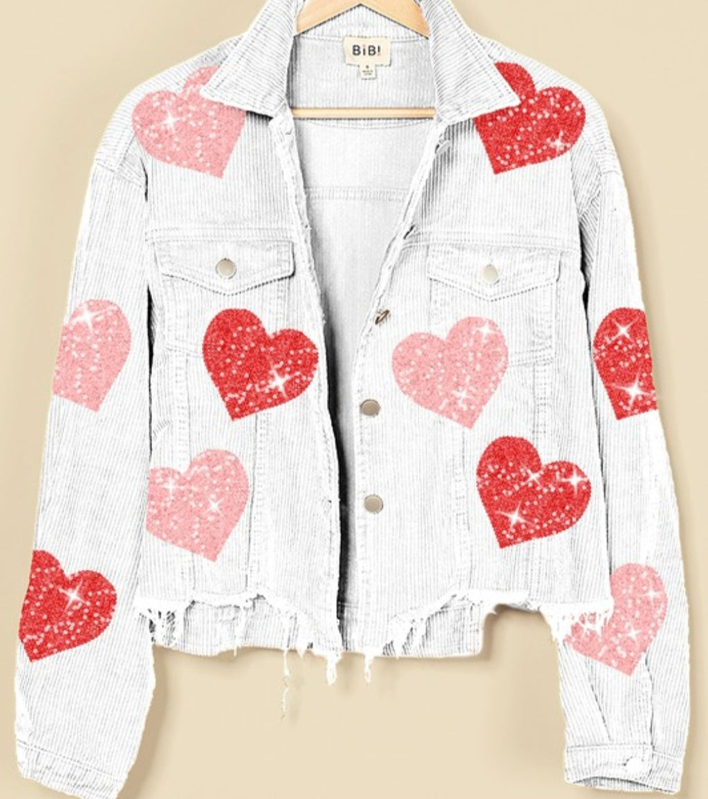 Corduroy Jacket w/Sequin Heart Patches