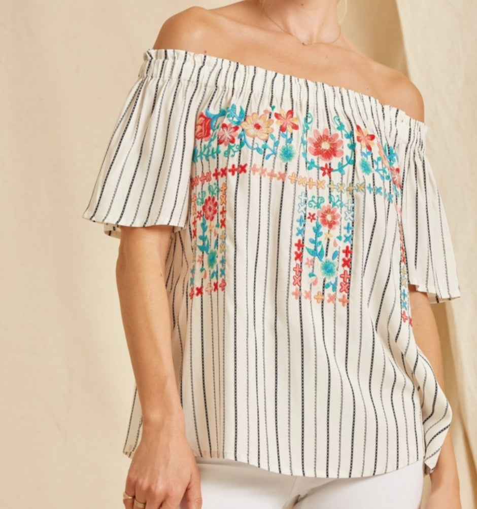 Striped Embroidered Top