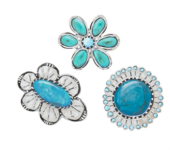 Set Of 3 Turquoise Flower Magnets